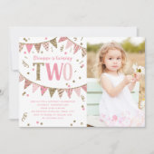 ピンクと金ゴールドのグリッター第2バースデーパーティーの写真 招待状 (正面)