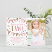 ピンクと金ゴールドのグリッター第2バースデーパーティーの写真 招待状 (スタンド正面)