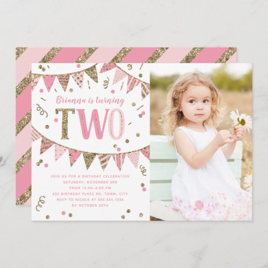 ピンクと金ゴールドのグリッター第2バースデーパーティーの写真 招待状 (正面/裏面)