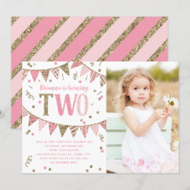 ピンクと金ゴールドのグリッター第2バースデーパーティーの写真 招待状