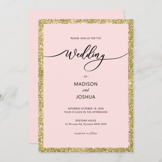 ピンクと金ゴールドのグリッター結婚ドット 招待状 (正面/裏面)