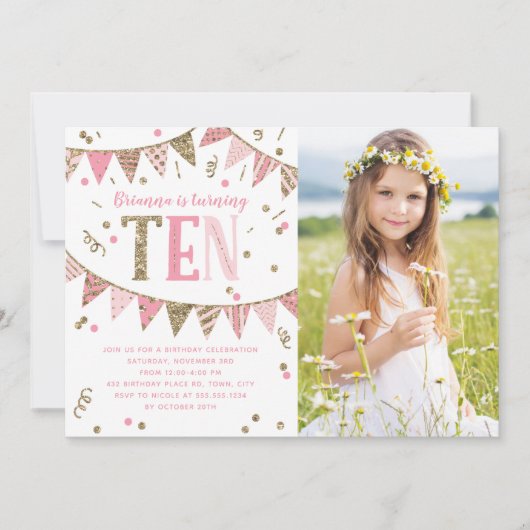 ピンクと金ゴールドのグリッター10番目の誕生日パーティーの写真 招待状 (正面)