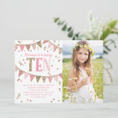 ピンクと金ゴールドのグリッター10番目の誕生日パーティーの写真 招待状 (スタンド正面)