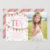 ピンクと金ゴールドのグリッター10番目の誕生日パーティーの写真 招待状 (正面/裏面)