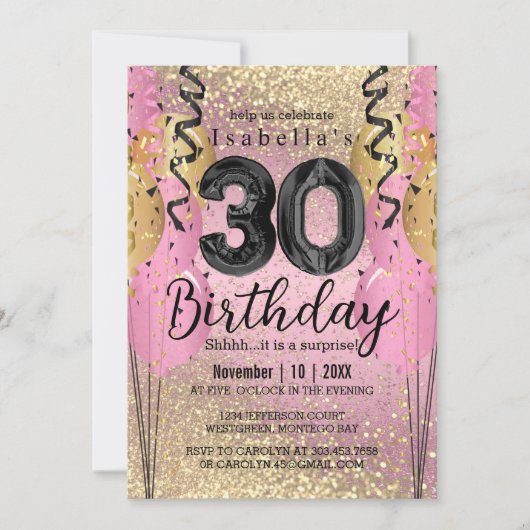 ピンクと金ゴールドのグリッター30th誕生日 招待状 (正面)