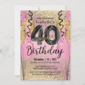ピンクと金ゴールドのグリッター40歳の誕生日 招待状 (正面)