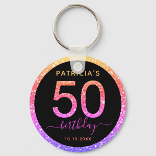 ピンクと金ゴールドのグリッター50th誕生日パーティーのお願い キーホルダー