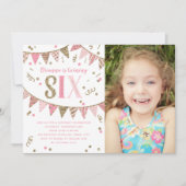 ピンクと金ゴールドのグリッター6回目の誕生日パーティーの写真 招待状 (正面)