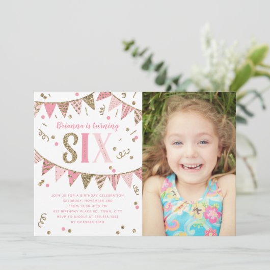 ピンクと金ゴールドのグリッター6回目の誕生日パーティーの写真 招待状 (スタンド正面)