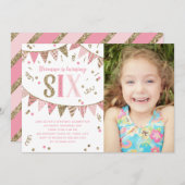 ピンクと金ゴールドのグリッター6回目の誕生日パーティーの写真 招待状 (正面/裏面)