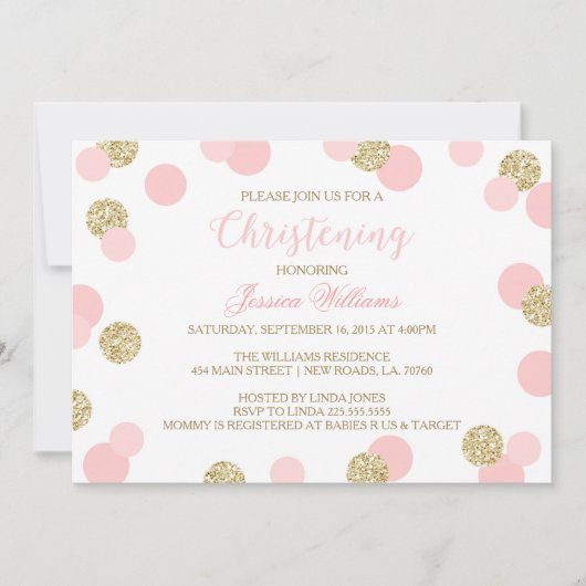 ピンクと金ゴールドのグリッター《キリスト教》洗礼式や命名式招待状 招待状 (正面)