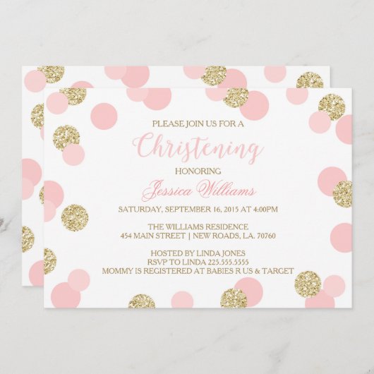 ピンクと金ゴールドのグリッター《キリスト教》洗礼式や命名式招待状 招待状 (正面/裏面)
