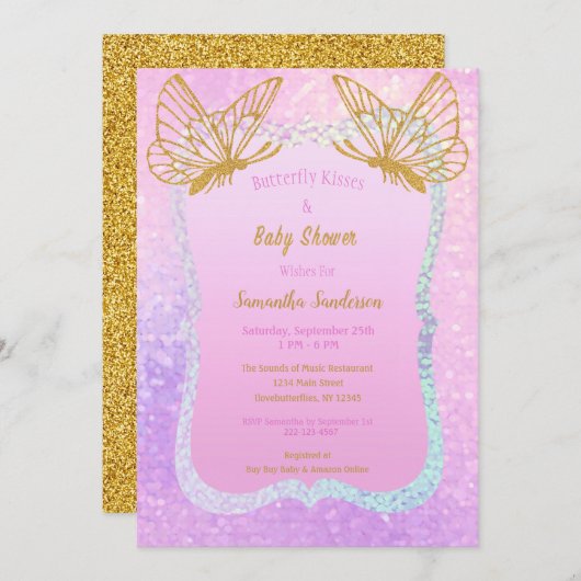 ピンクと金ゴールドのシャワーお洒落蝶 招待状 (正面/裏面)