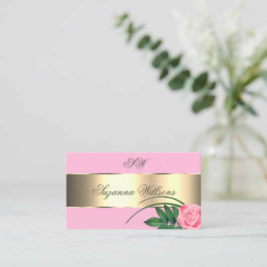 ピンクと金ゴールドのデカールかわいいバラの花とイニシャル 名刺 (スタンド正面)