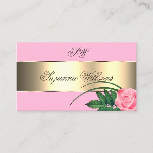 ピンクと金ゴールドのデカールかわいいバラの花とイニシャル 名刺 (正面)