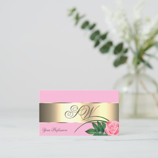 ピンクと金ゴールドのデカールかわいいバラの花とモノグラム 名刺 (スタンド正面)