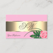 ピンクと金ゴールドのデカールかわいいバラの花とモノグラム 名刺 (正面)