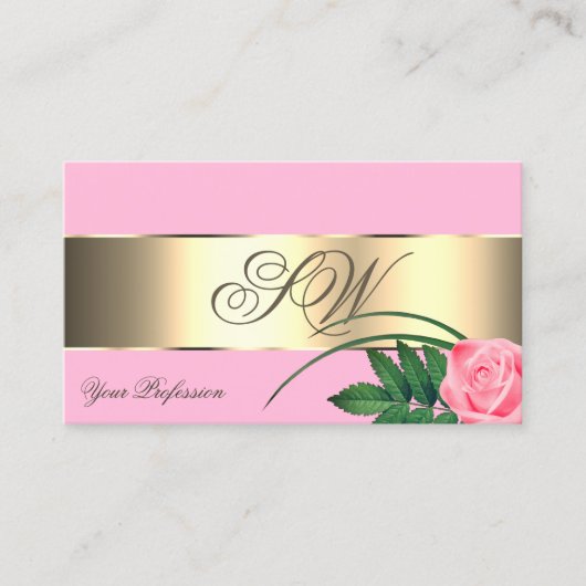 ピンクと金ゴールドのデカールかわいいバラの花とモノグラム 名刺 (正面)