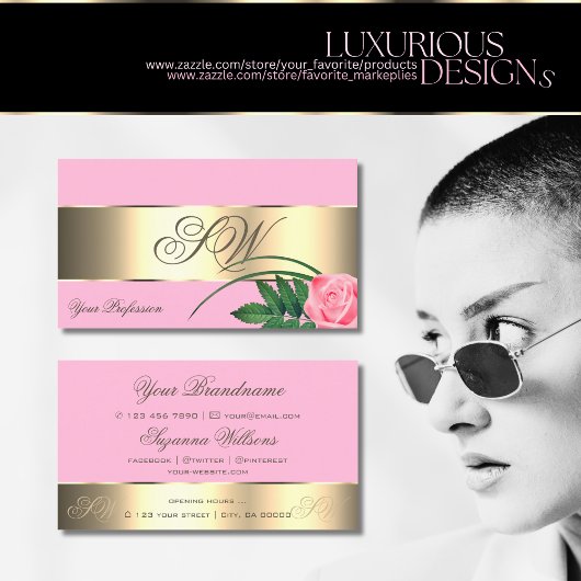 ピンクと金ゴールドのデカールかわいいバラの花とモノグラム 名刺