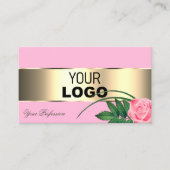 ピンクと金ゴールドのデカールかわいいバラの花とロゴ 名刺 (正面)