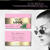 ピンクと金ゴールドのデカールかわいいバラの花とロゴ 名刺