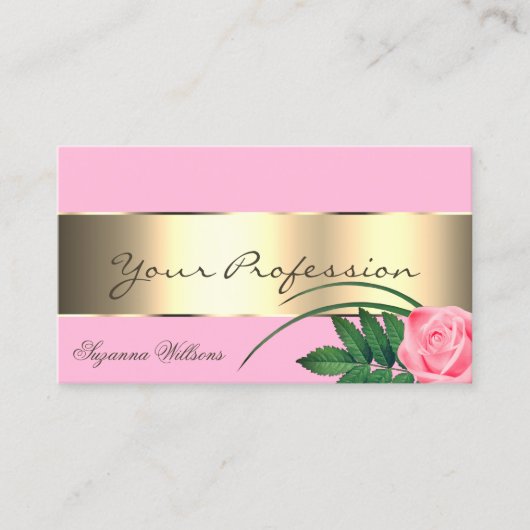 ピンクと金ゴールドのデカールかわいいバラの花と写真 名刺 (正面)