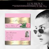 ピンクと金ゴールドのデカールかわいいバラの花と写真 名刺