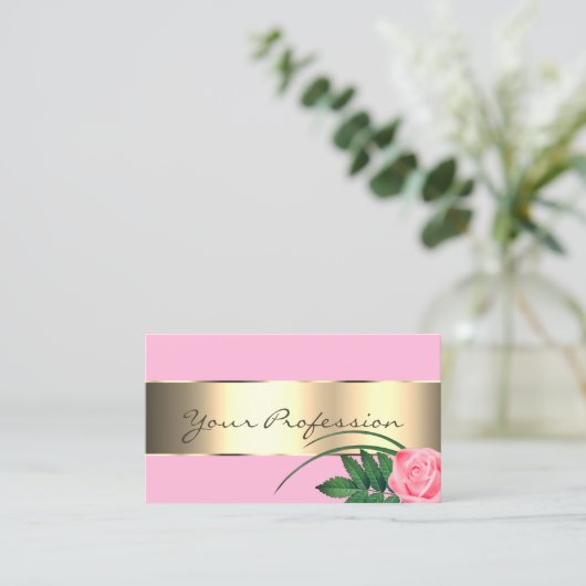 ピンクと金ゴールドのデコールキュートバラフラワーモダンフローラ 名刺 (スタンド正面)