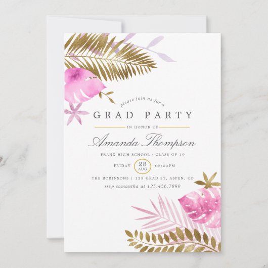 ピンクと金ゴールドのトロピカル葉卒業パーティー 招待状 (正面)