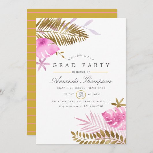 ピンクと金ゴールドのトロピカル葉卒業パーティー 招待状 (正面/裏面)