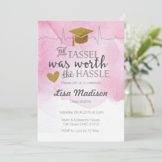 ピンクと金ゴールドのナースの卒業招待状 招待状 (スタンド正面)