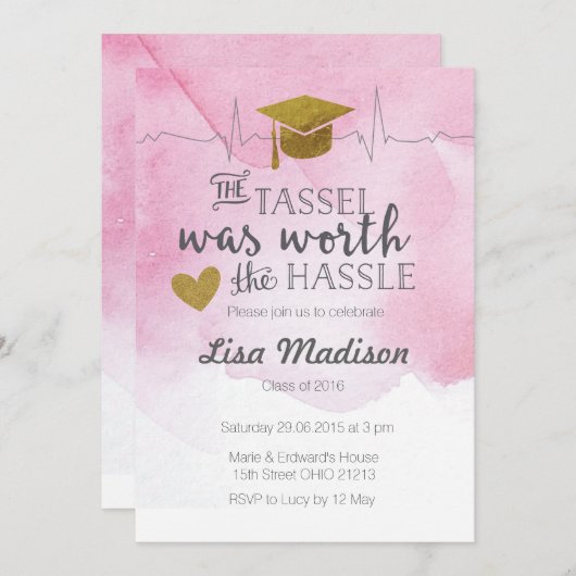 ピンクと金ゴールドのナースの卒業招待状 招待状 (正面/裏面)