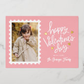 ピンクと金ゴールドのハートスタンプ写真バレンタインデー 箔シーズンカード (正面)
