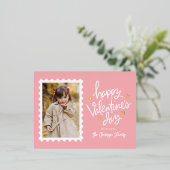 ピンクと金ゴールドのハートスタンプ写真バレンタインデー 箔シーズンポストカード (立ち正面)
