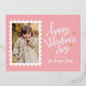 ピンクと金ゴールドのハートスタンプ写真バレンタインデー 箔シーズンポストカード (正面)