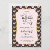 ピンクと金ゴールドのハートバレンタインパーティー 招待状 (正面)