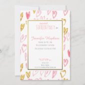 ピンクと金ゴールドのハートパーティの招待状 招待状 (正面)