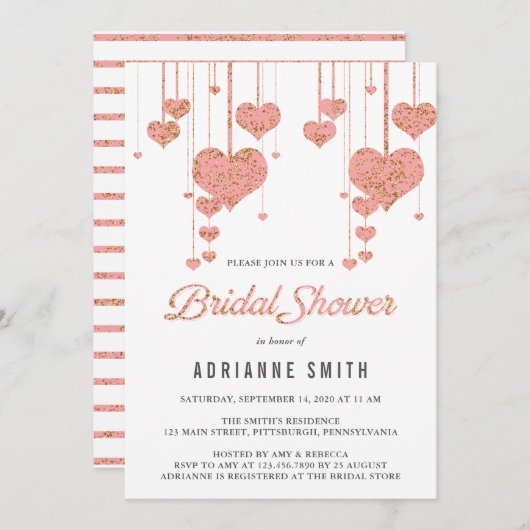 ピンクと金ゴールドのハートブライダルシャワー 招待状 (正面/裏面)