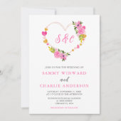 ピンクと金ゴールドのハート結婚バレンタイン 招待状 (正面)