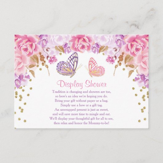 ピンクと金ゴールドのバタフライディスプレイシャワーインサート エンクロージャーカード (正面)