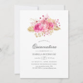 ピンクと金ゴールドのバラウォーターカラーキンセアニラ 招待状 (正面)
