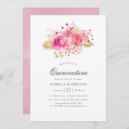 ピンクと金ゴールドのバラウォーターカラーキンセアニラ 招待状 (正面/裏面)