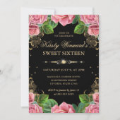 ピンクと金ゴールドのバラフローラSweet sixteen 招待状 (正面)