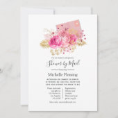 ピンクと金ゴールドのバラベビーまたはブライダルシャワー(メール別) 招待状 (正面)