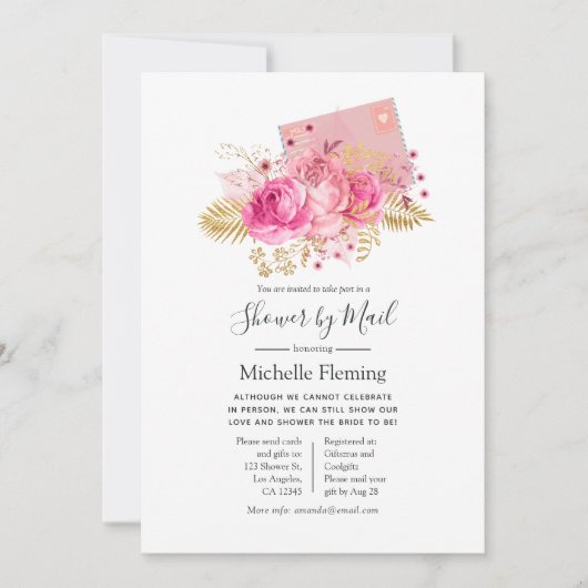 ピンクと金ゴールドのバラベビーまたはブライダルシャワー(メール別) 招待状 (正面)
