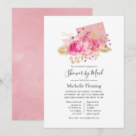 ピンクと金ゴールドのバラベビーまたはブライダルシャワー（メール別） 招待状