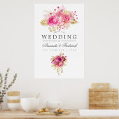 ピンクと金ゴールドのバラ水の色結婚の歓迎 ポスター (キッチン)