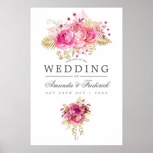 ピンクと金ゴールドのバラ水の色結婚の歓迎 ポスター (正面)