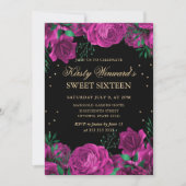 ピンクと金ゴールドのバラ縁どフローラSweet sixteen 招待状 (正面)