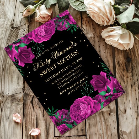 ピンクと金ゴールドのバラ縁どフローラSweet sixteen 招待状